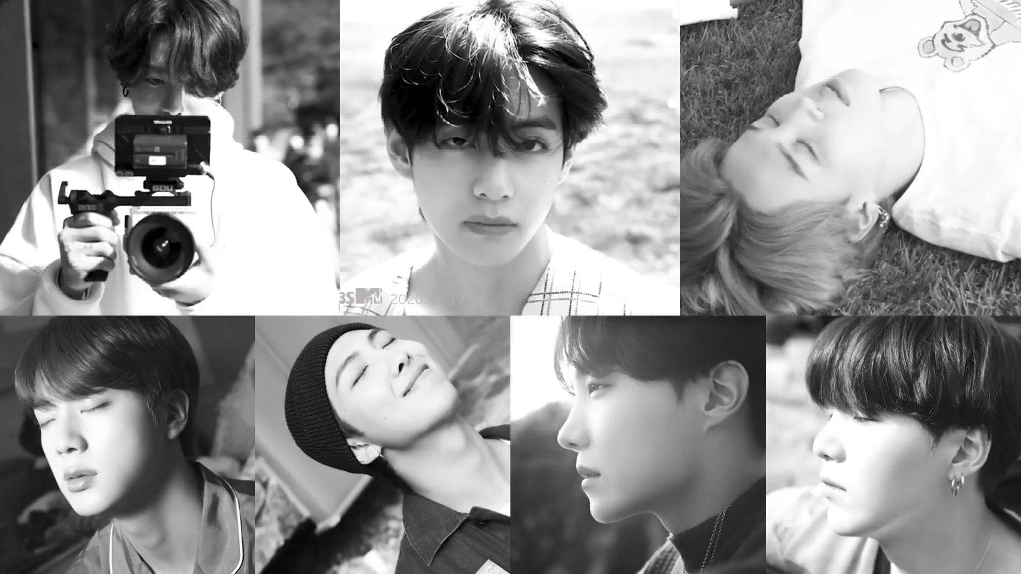 BTS, Black and white collage, seven young men, Full HD Desktop Wallpaper