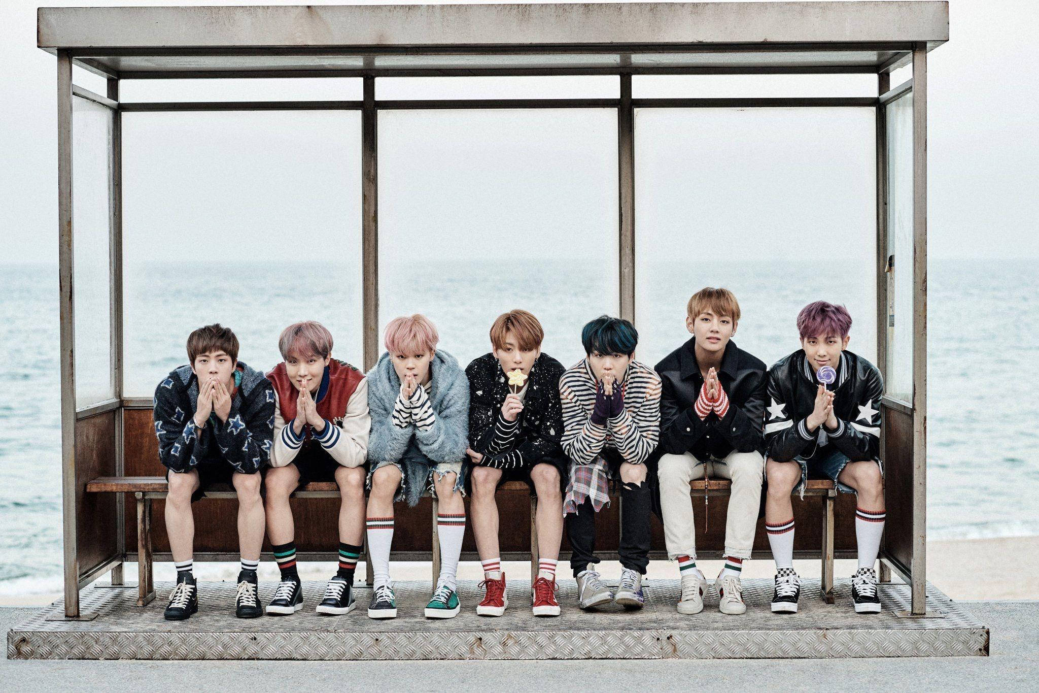 BTS, laptop, seaside bus shelter bench, Full HD Desktop Wallpaper