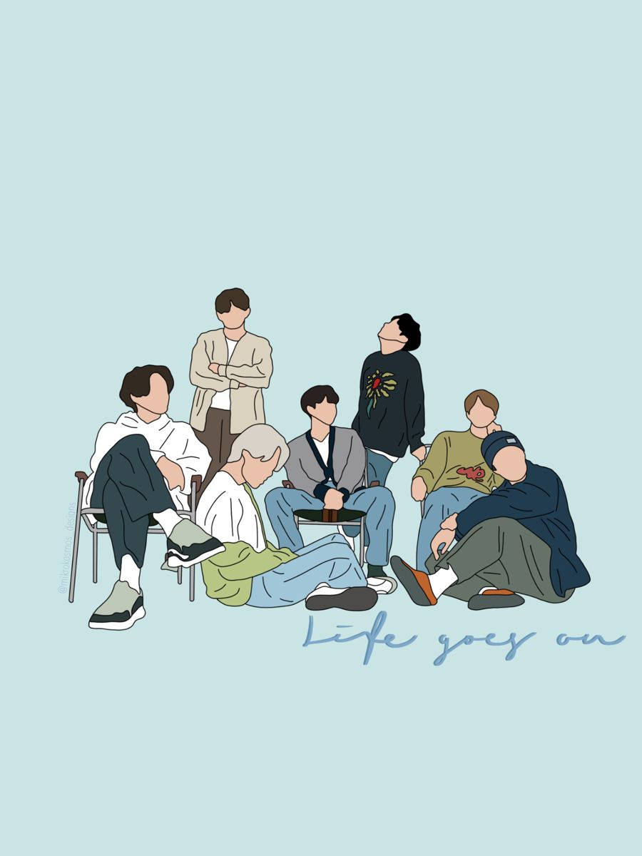 Bts Life Goes On, simple outline art, seven illustrated figures, SD Phone Wallpaper