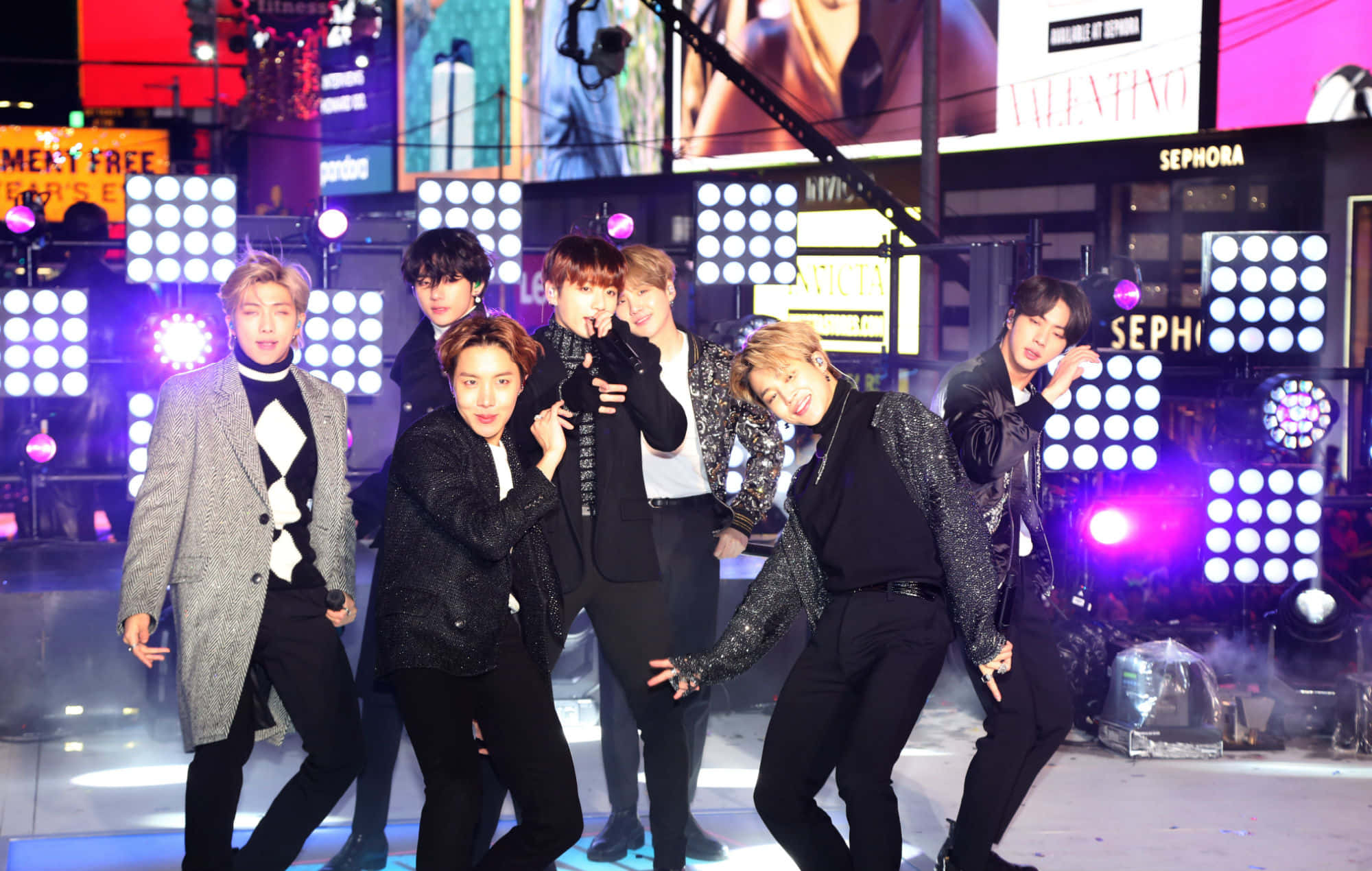 BTS Live, glowing square lights, city billboards, Full HD Desktop Wallpaper