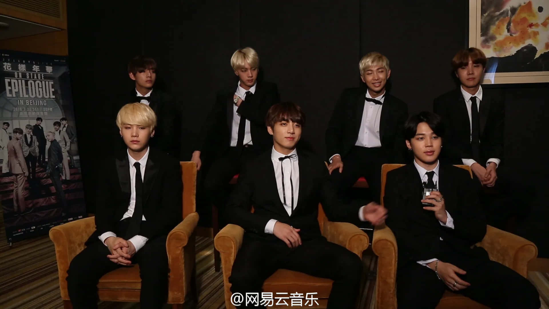 BTS Live, black tuxedos, mustard chairs, Full HD Desktop Wallpaper