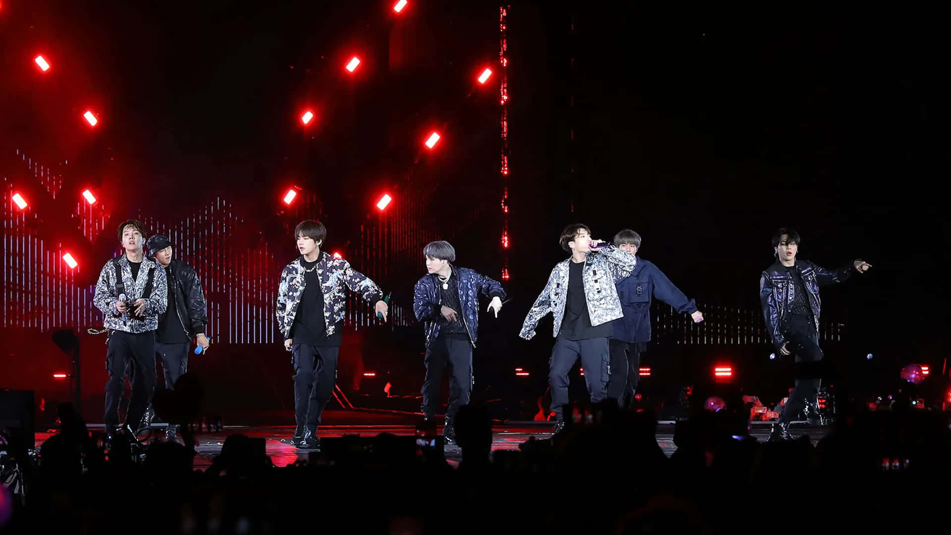 BTS Live, red stage lights, patterned jackets, Full HD Desktop Wallpaper