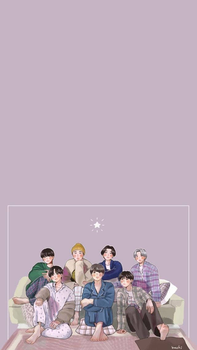 BTS, cartoon, lavender background, SD Phone Wallpaper