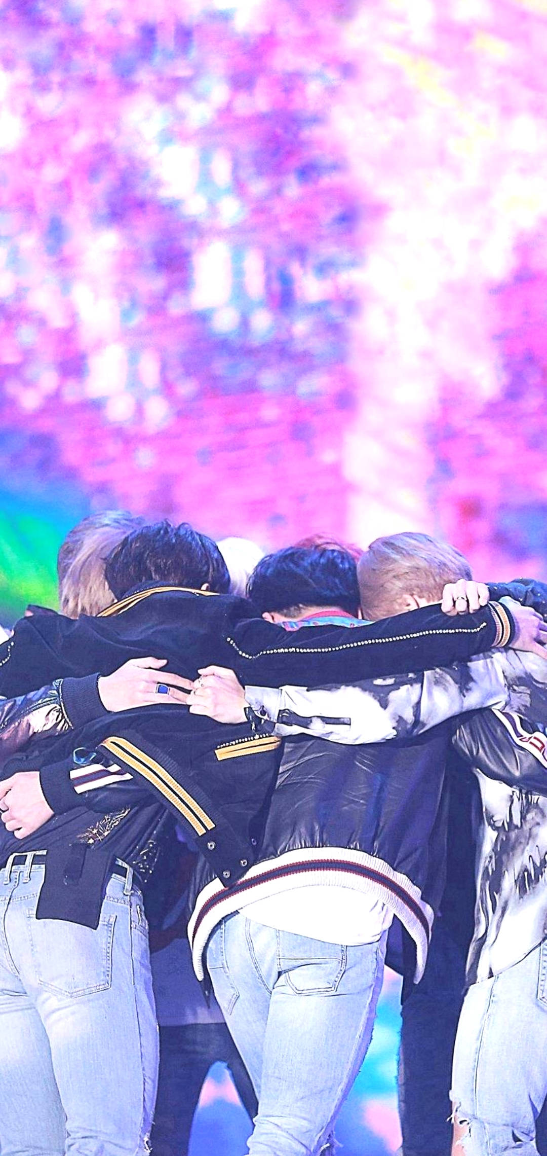 BTS, group hug, brightly lit stage, Full HD Phone Wallpaper