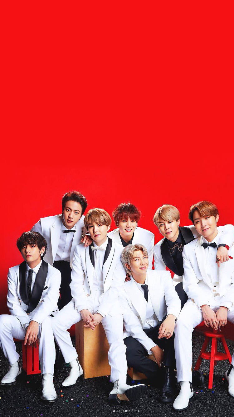 BTS, red backdrop, white tuxedos, HD Phone Wallpaper