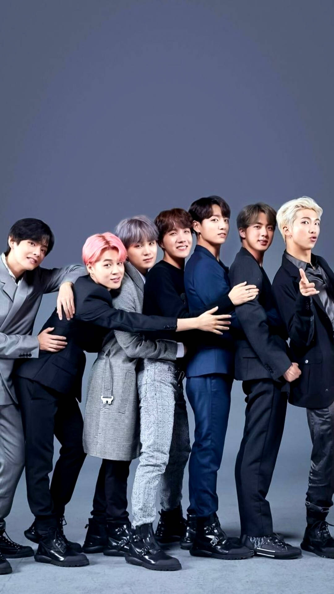 BTS, gray studio background, dark suits, Full HD Phone Wallpaper