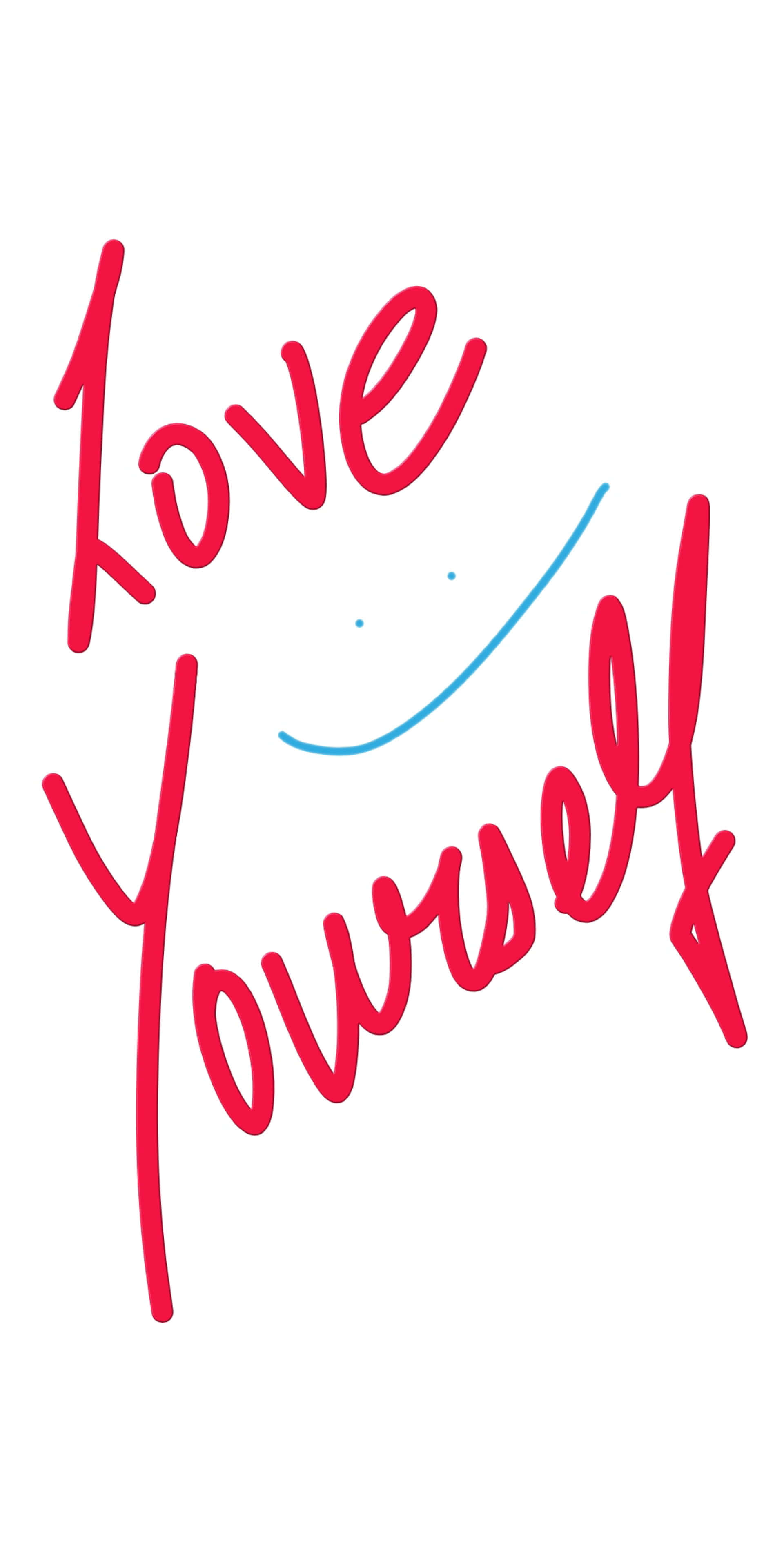 Love Yourself, red cursive text, blue smiley face, 4K Phone Wallpaper