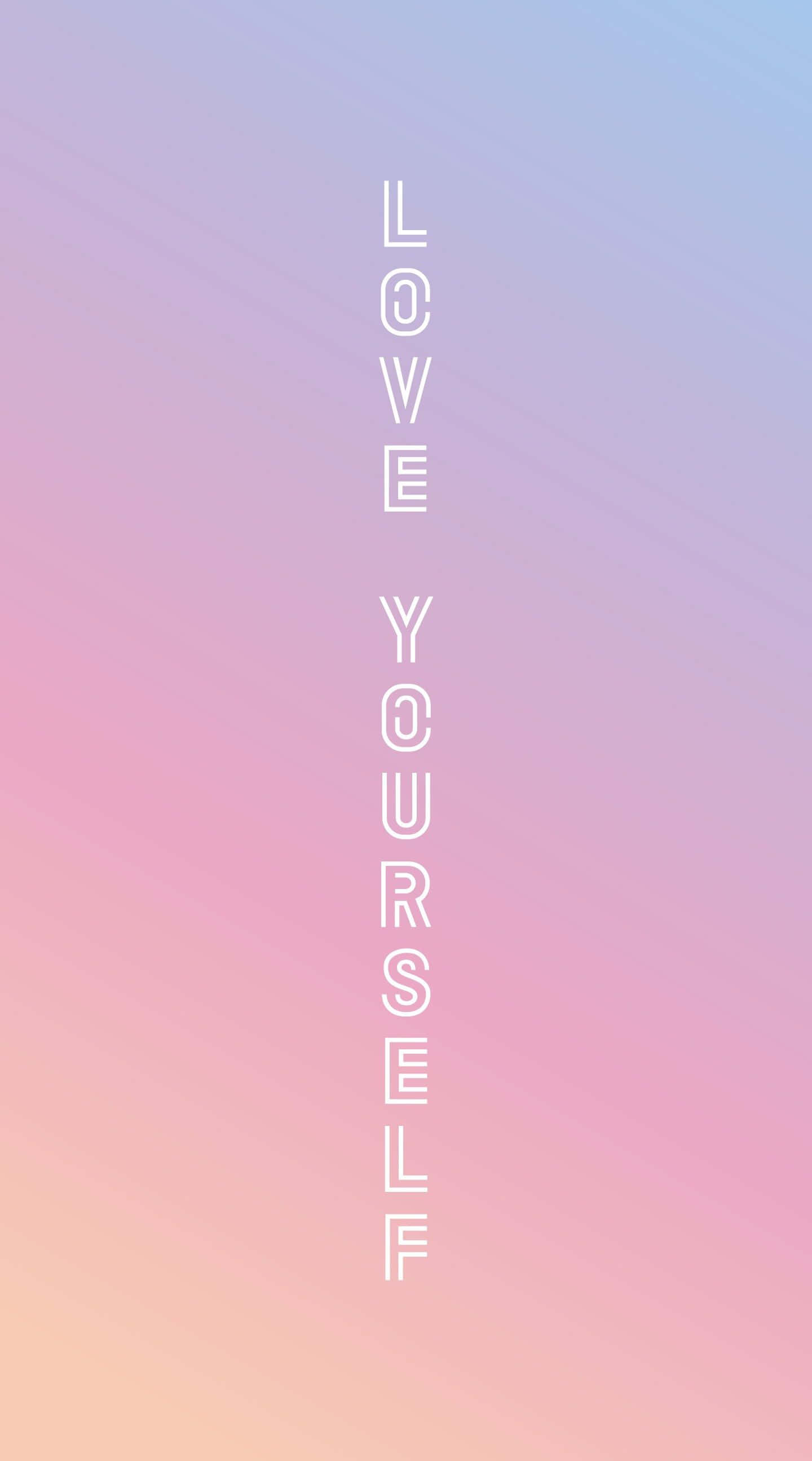 BTS Love Yourself, white outlined letters, soft pastel gradient background, 2K Phone Wallpaper