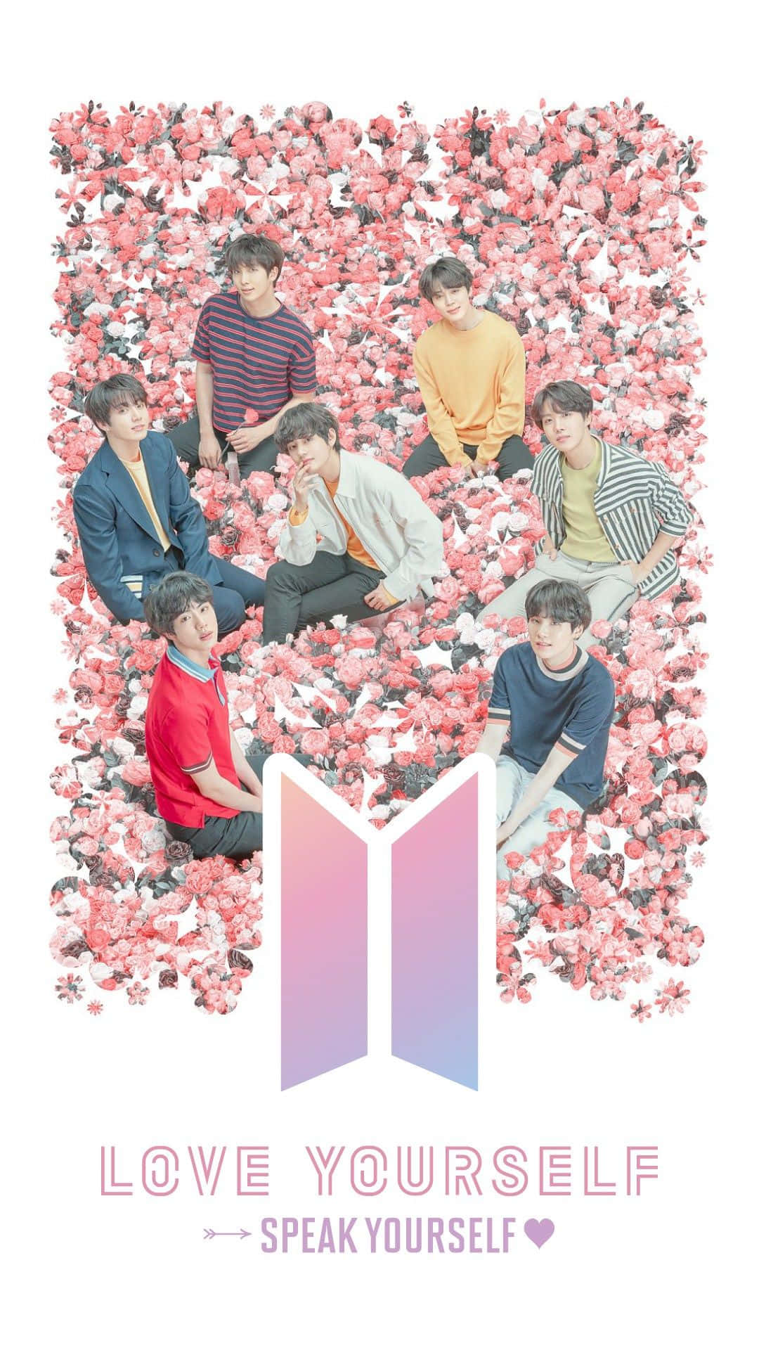 BTS Love Yourself, pink and white flowers, gradient BTS logo, Full HD Phone Wallpaper