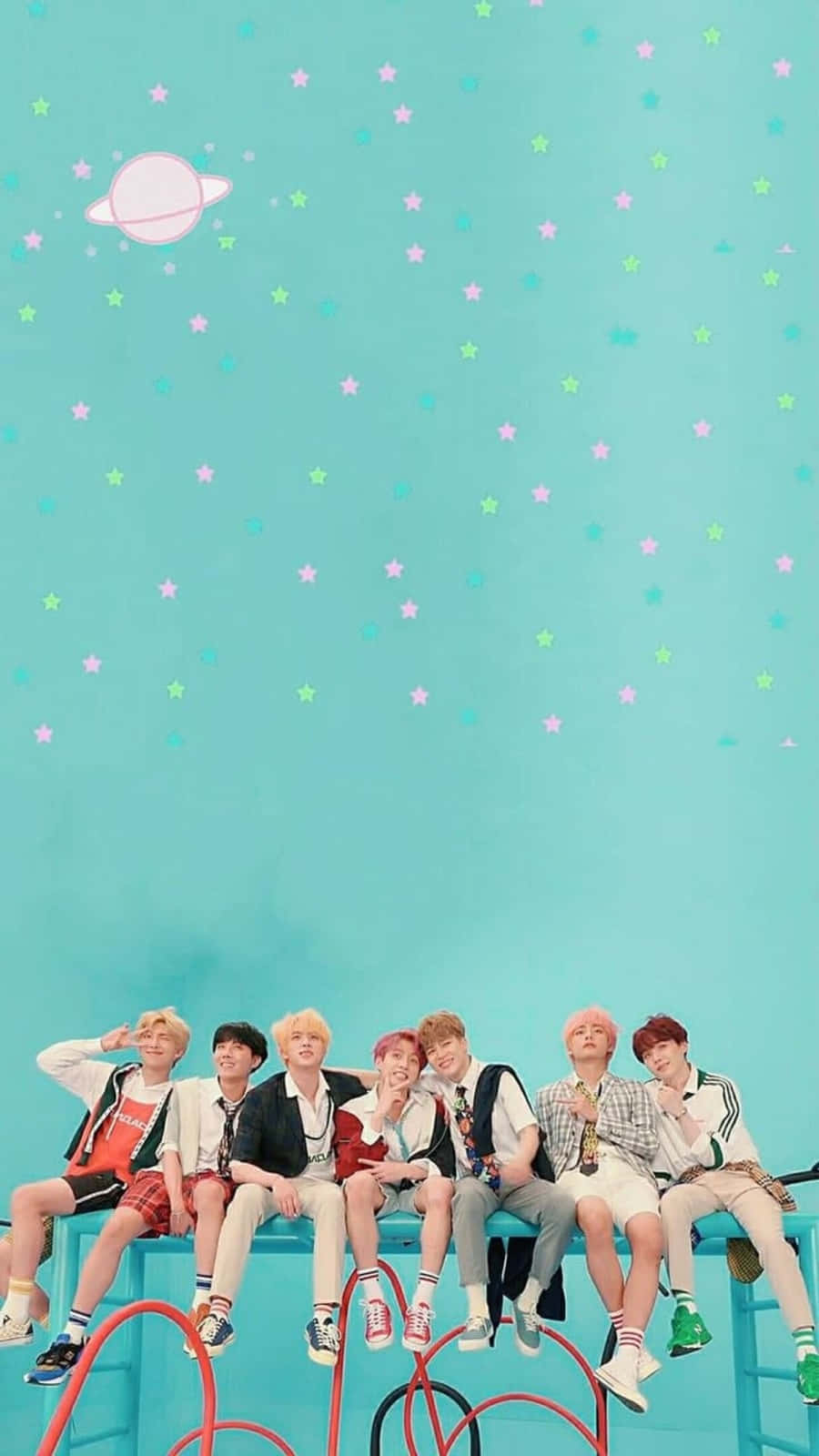 BTS Love Yourself, red bench, teal wall, HD Phone Wallpaper