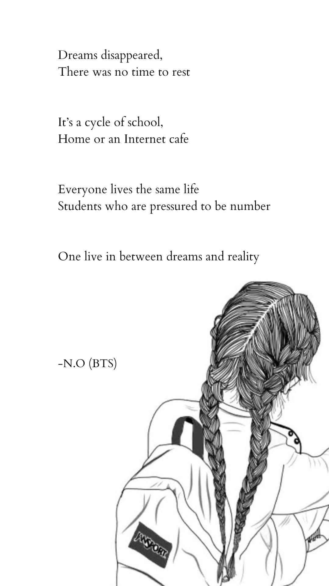 BTS lyrics, black and white line drawing, young person with braided hair, Full HD Phone Wallpaper