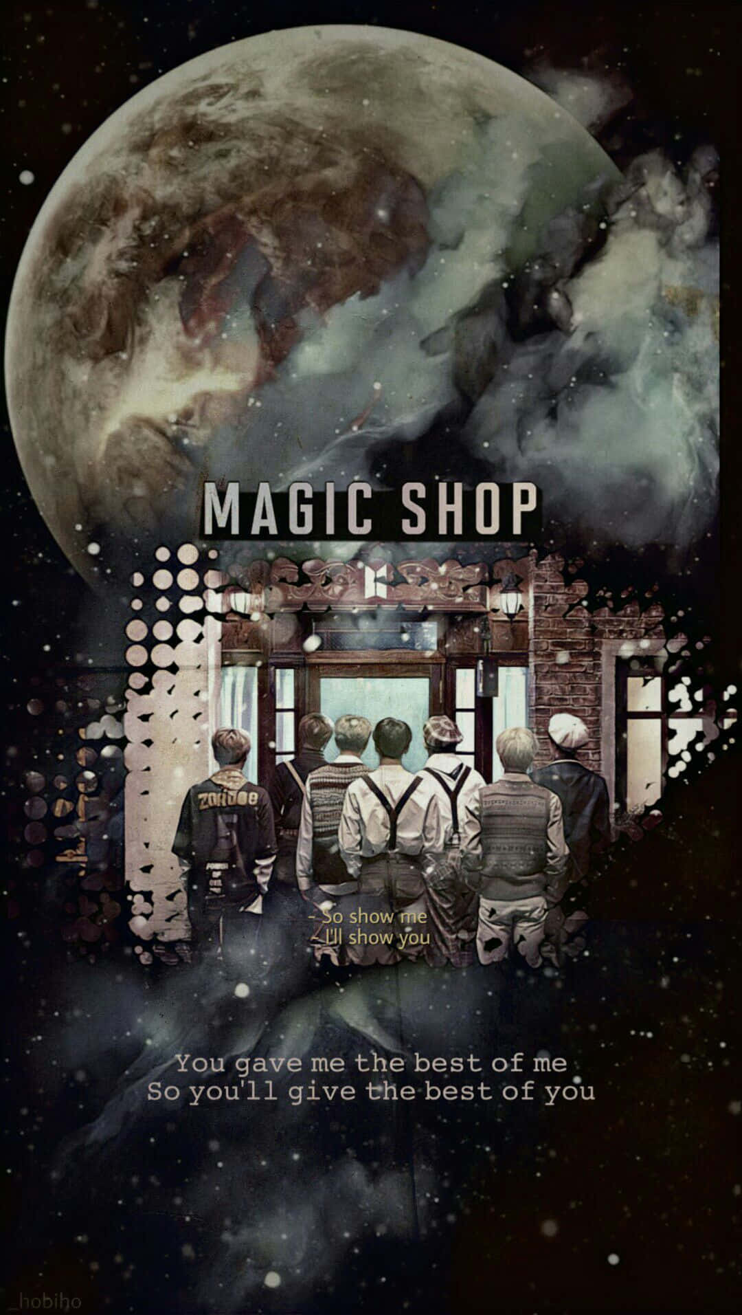 BTS Lyrics, glowing shop doorway, massive moon, HD Phone Wallpaper