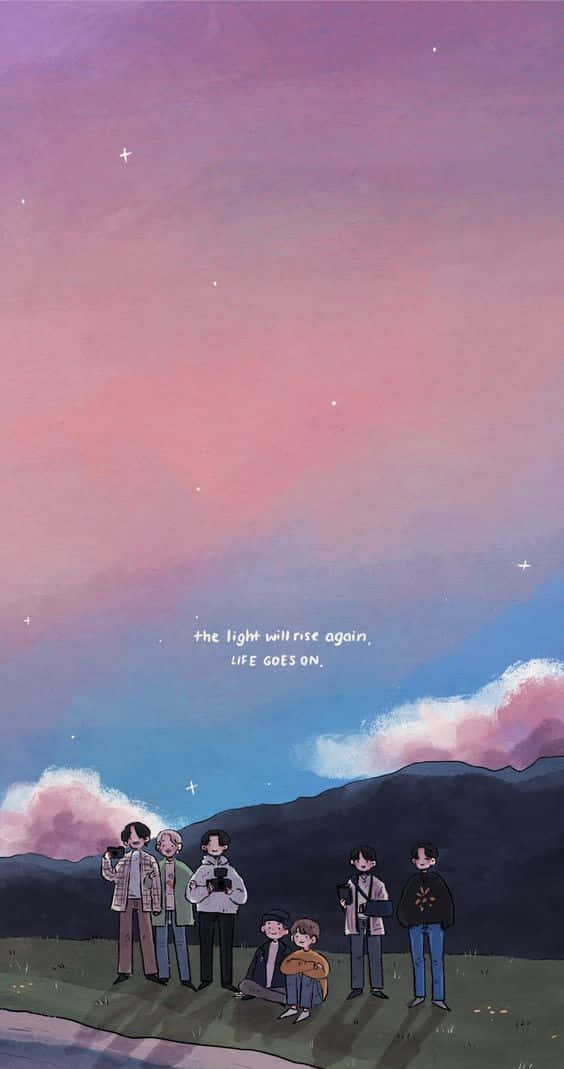 BTS Lyrics, anime-style figures, twilight sky, SD Phone Wallpaper