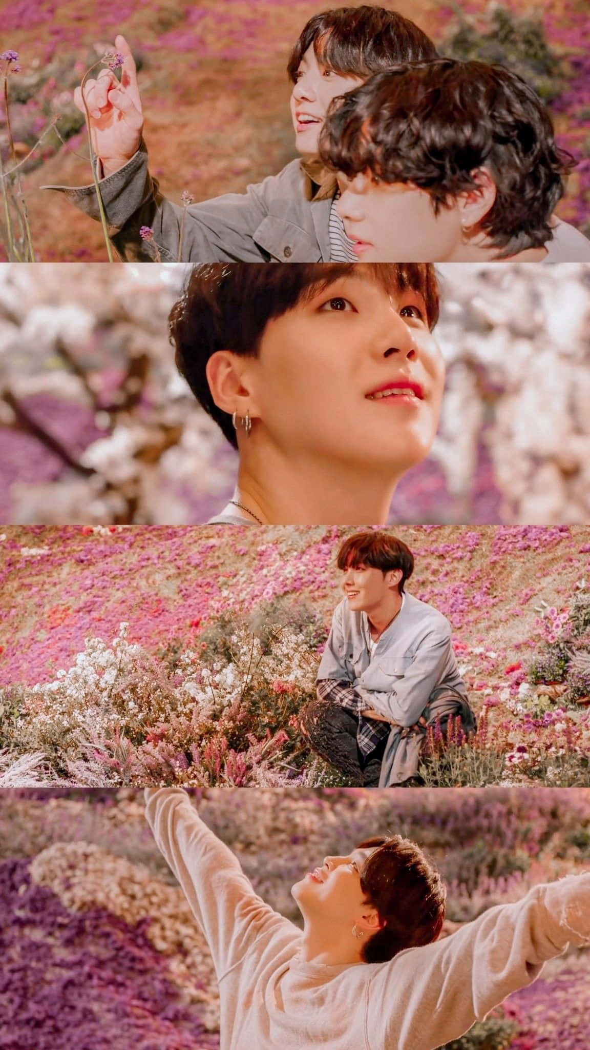 BTS, music video look, vibrant pink and purple flower fields, Full HD Phone Wallpaper