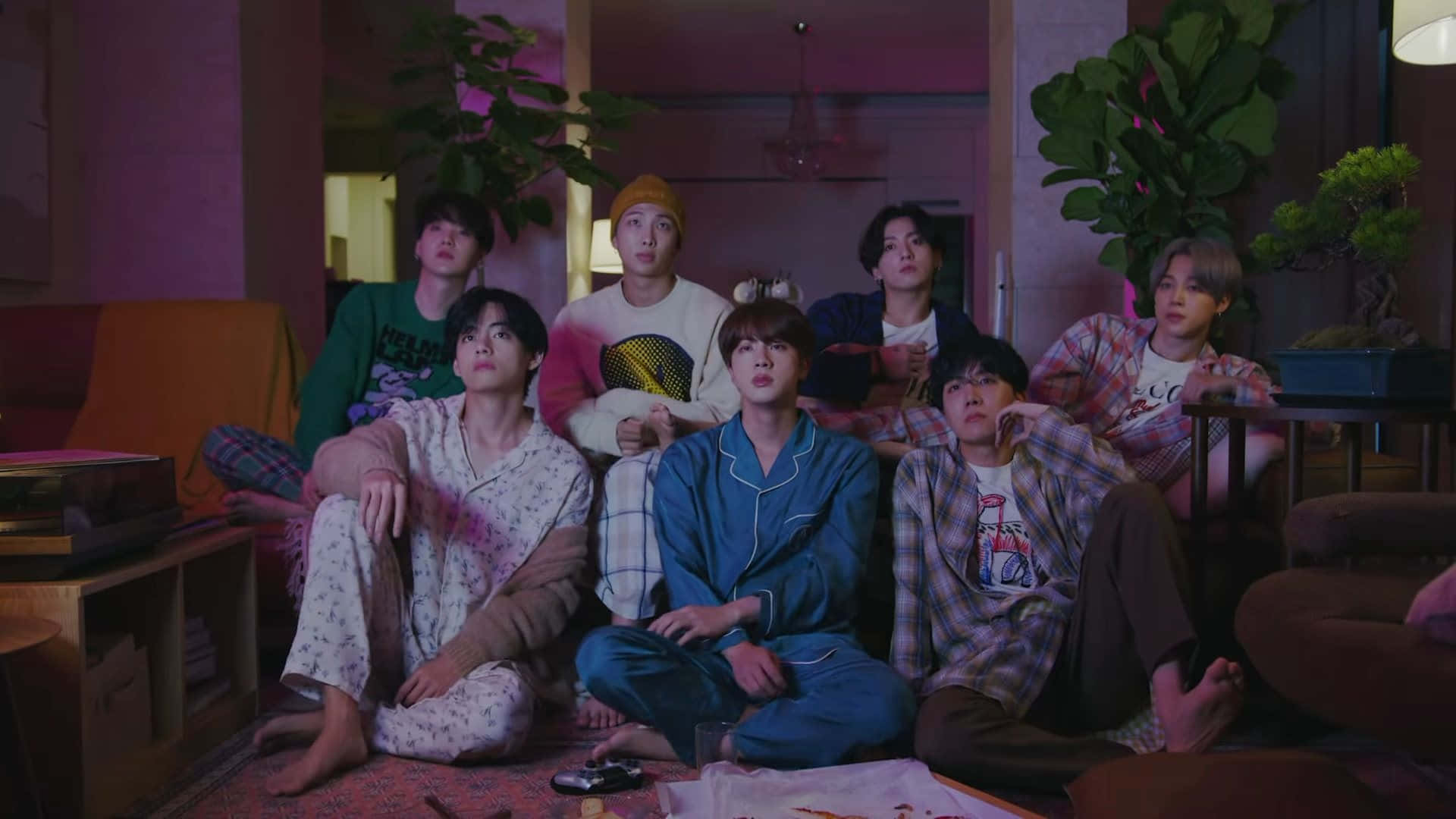 BTS, pajamas, dimly lit living room, Full HD Desktop Wallpaper