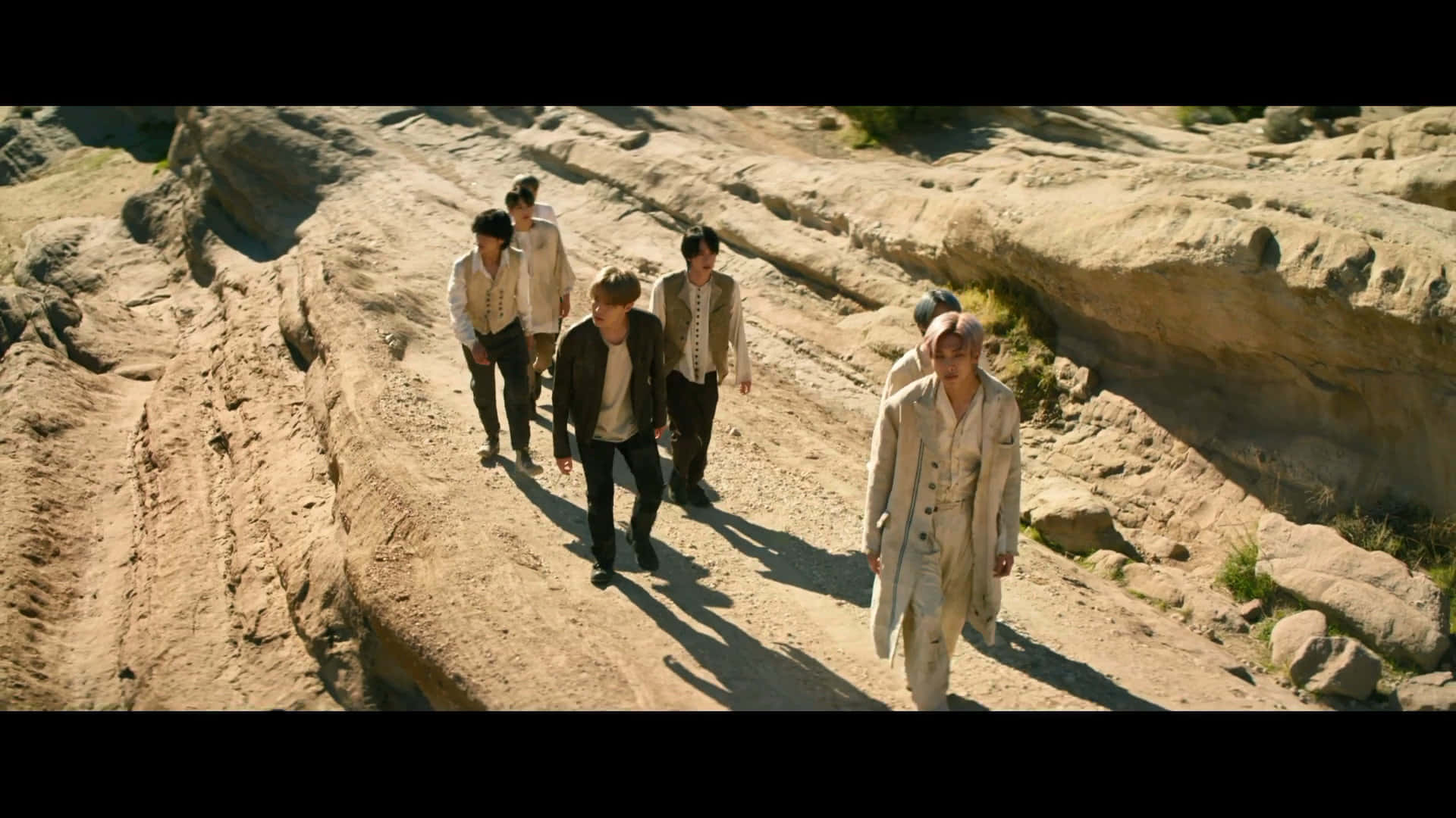 BTS MV, vintage beige suits, sunlit rocky canyon trail, Full HD Desktop Wallpaper