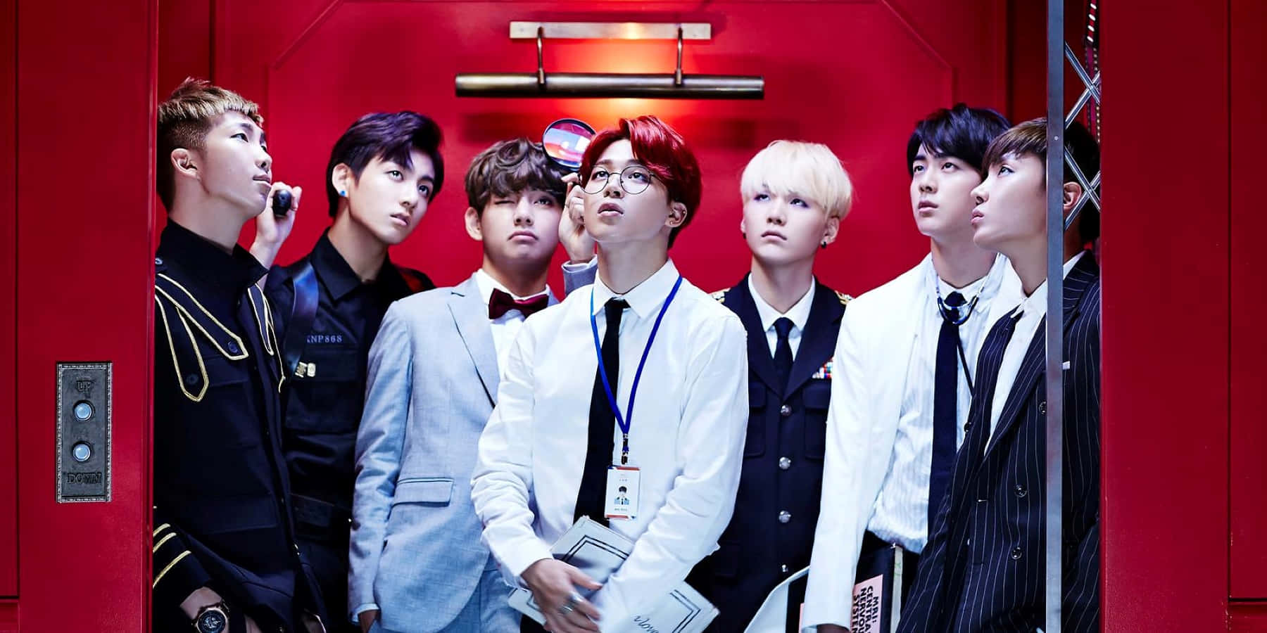 BTS, vibrant red elevator, formal suits, HD Desktop Wallpaper