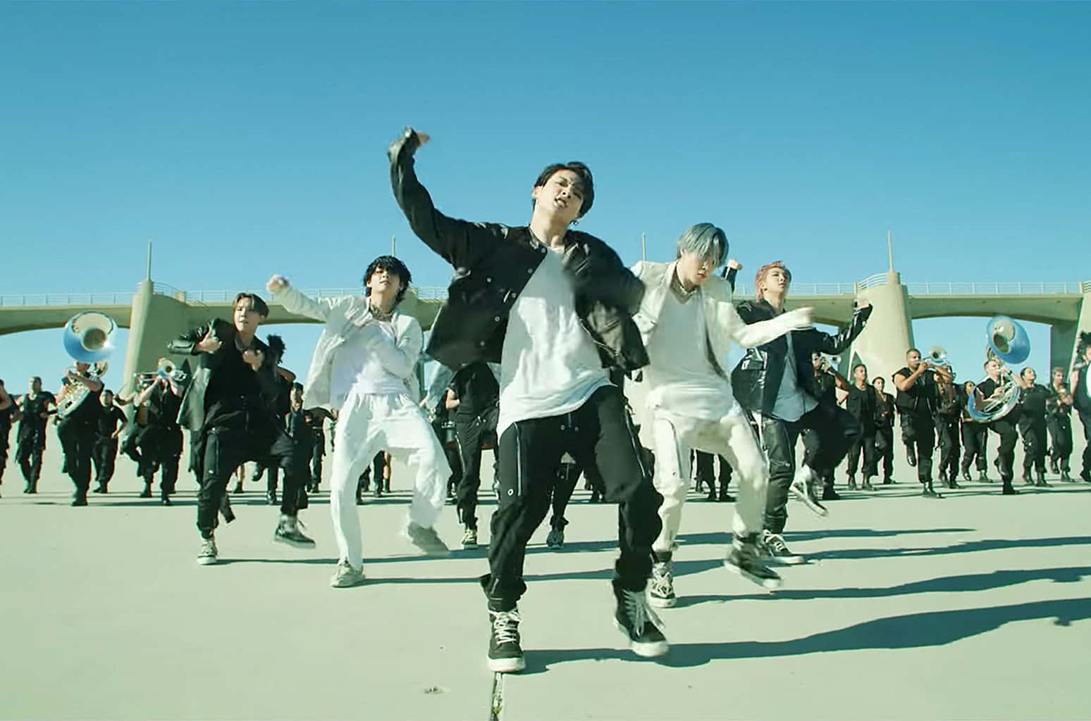 BTS, black and white outfits, clear blue sky, HD Desktop Wallpaper