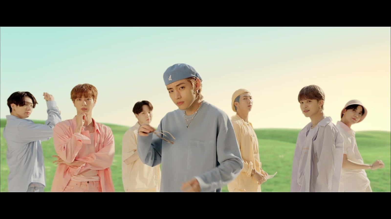 BTS, cinematic MV scene, sunlit green field, HD Desktop Wallpaper