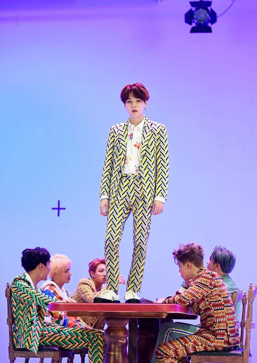 BTS MV, yellow zigzag suit, purple stage lights, SD Phone Wallpaper
