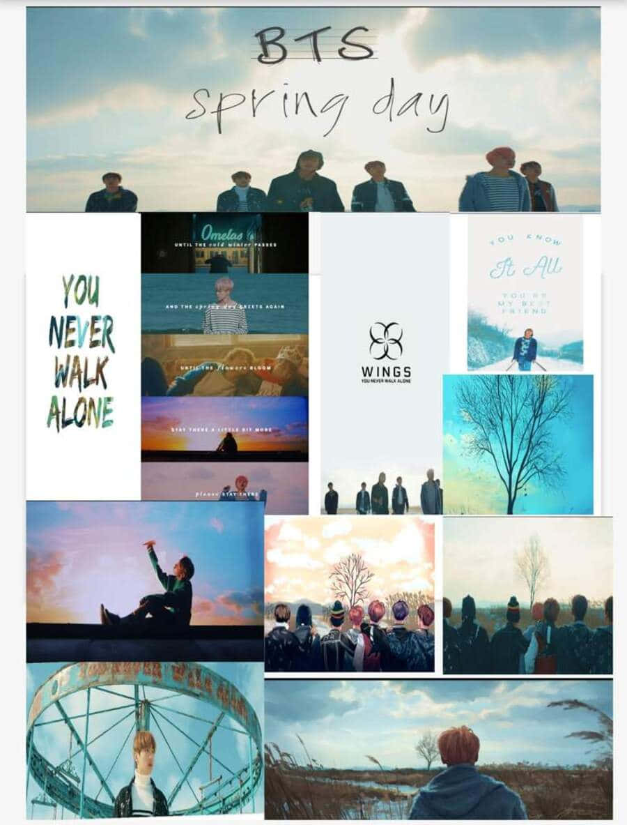 BTS MV, spring-themed scenes, text overlays, SD Phone Wallpaper
