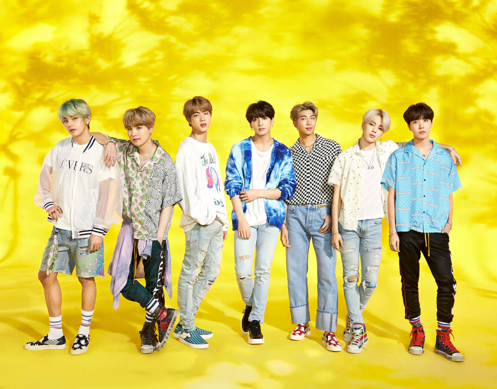 BTS, vibrant yellow background, palm tree shadows, Full HD Desktop Wallpaper