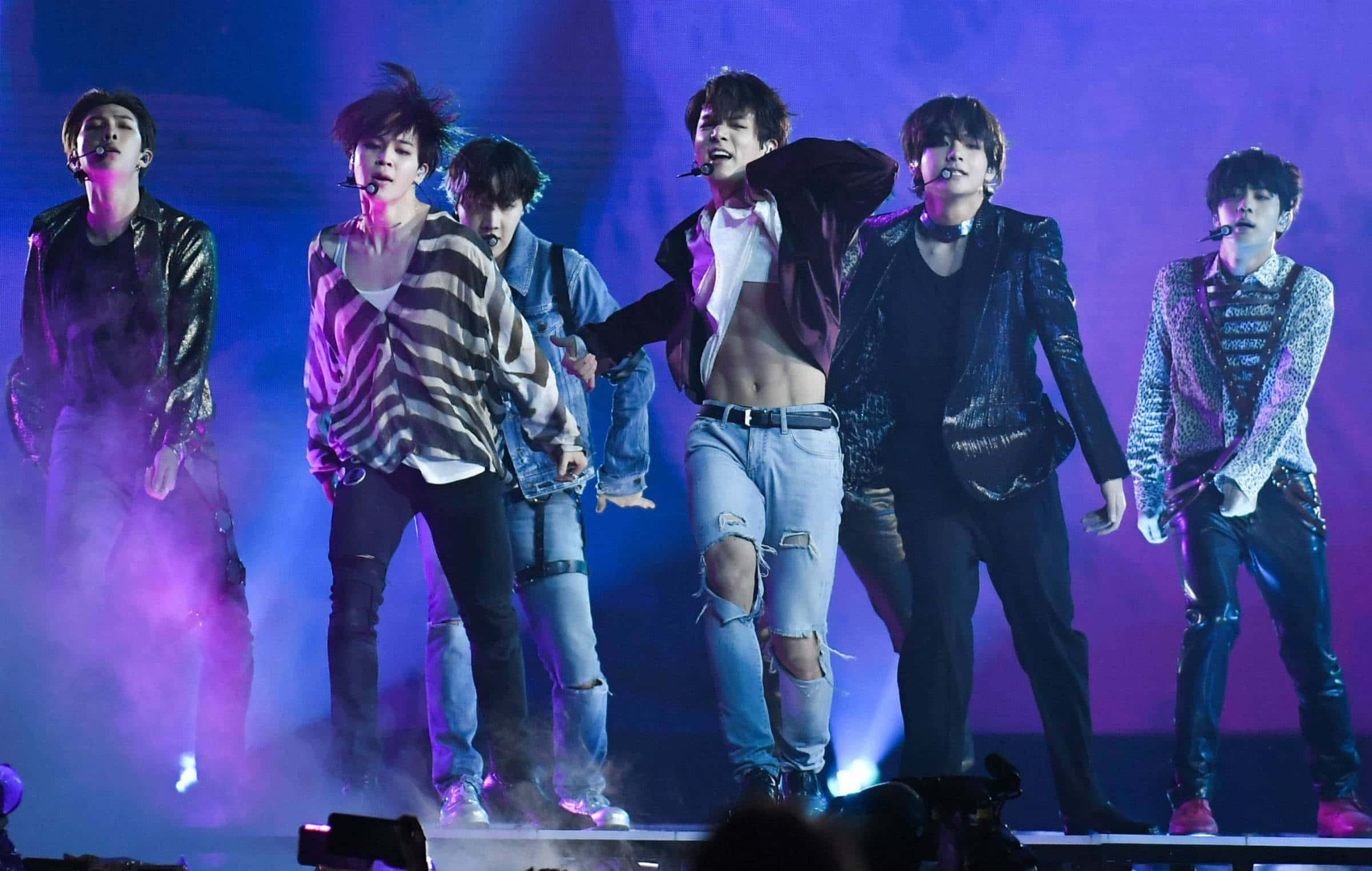 BTS, purple and blue stage lights, smoke effects, Full HD Desktop Wallpaper