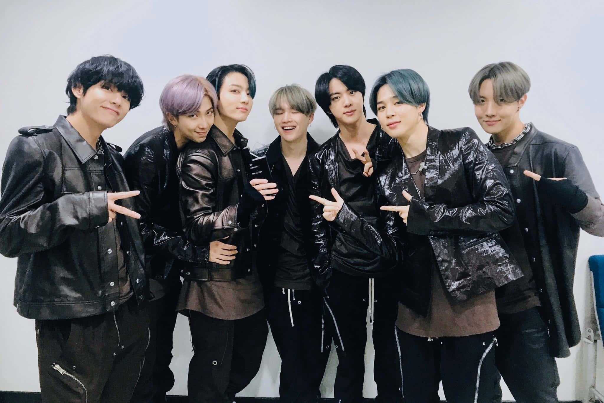 BTS, black leather jackets, plain white wall, Full HD Desktop Wallpaper