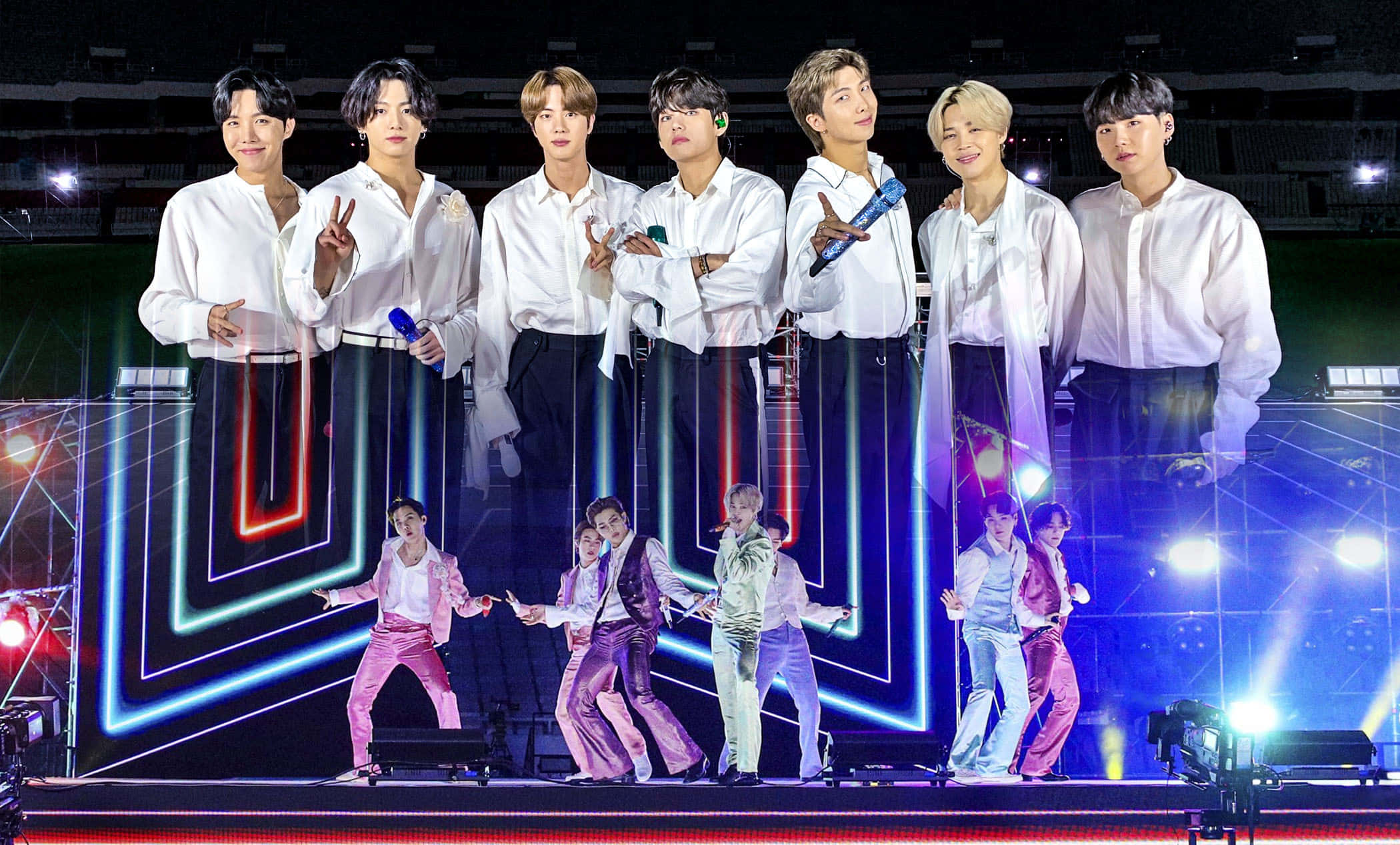BTS Performance, white shirts, pink and purple suits, Full HD Desktop Wallpaper