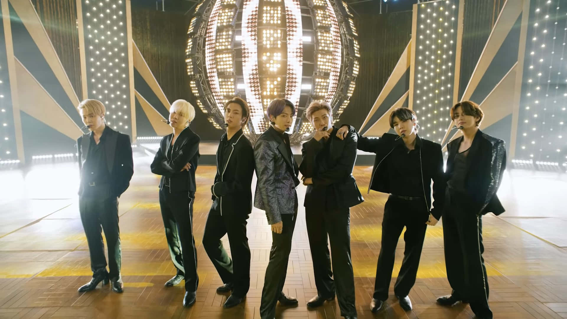BTS, glowing stage, massive illuminated sphere backdrop, Full HD Desktop Wallpaper