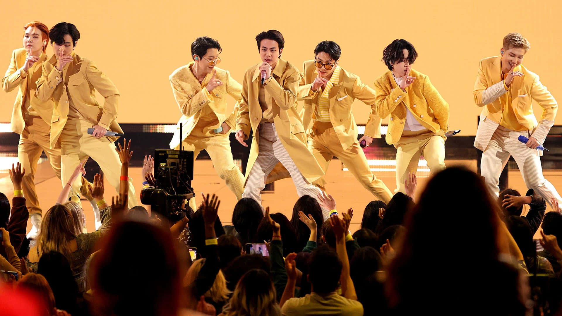 BTS, yellow suits, stage, Full HD Desktop Wallpaper