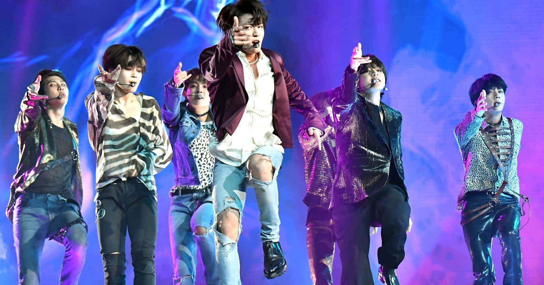 BTS Performance, vibrant purple and blue lit stage, seven male performers, HD Desktop Wallpaper