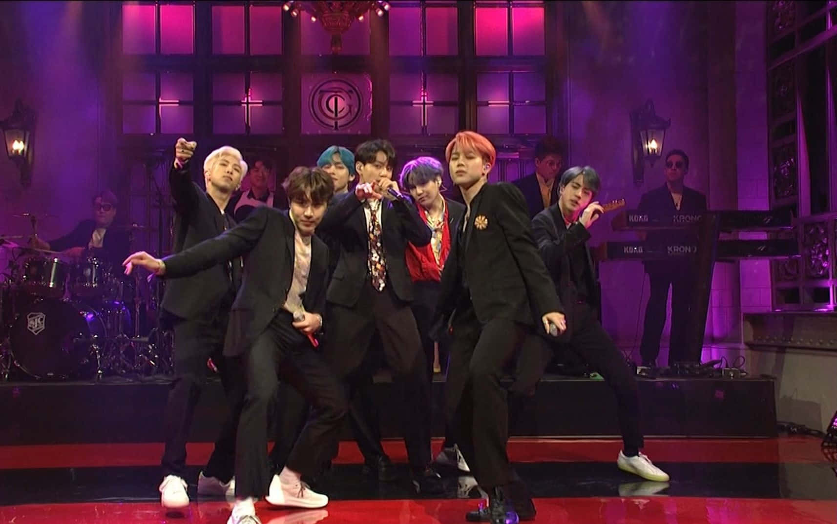 BTS, purple-lit stage, red floor, HD Desktop Wallpaper