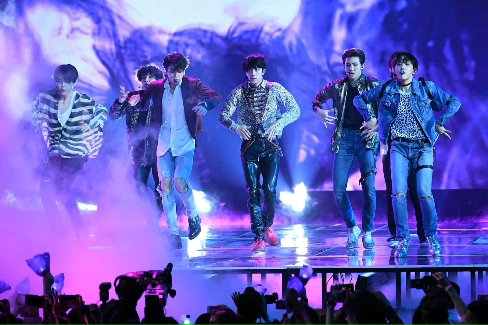 BTS Performance, smoky stage, vibrant purple and blue lights, HD Desktop Wallpaper