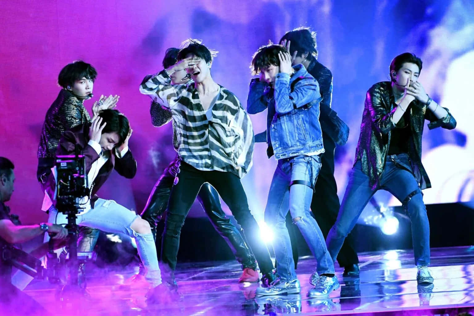 BTS, vibrant purple lit stage, smoke, HD Desktop Wallpaper