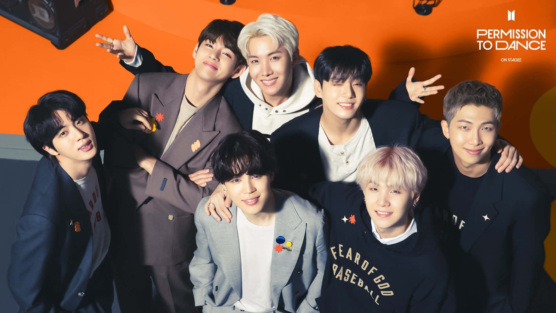 BTS, Permission to Dance, vibrant orange wall, Full HD Desktop Wallpaper