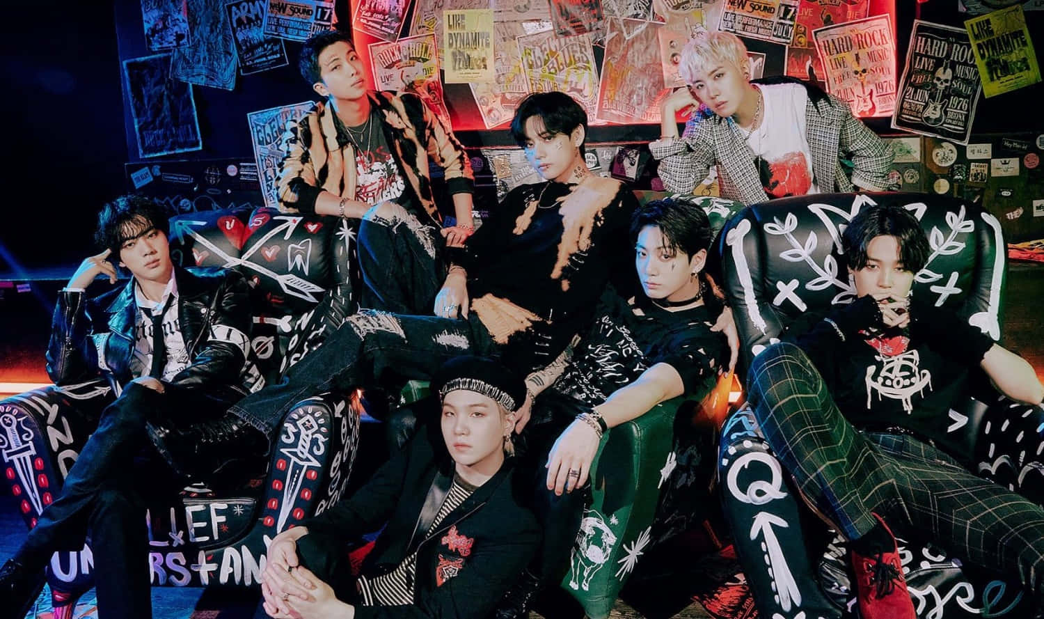 BTS Permission To Dance, graffiti-covered couches, dimly lit room, HD Desktop Wallpaper