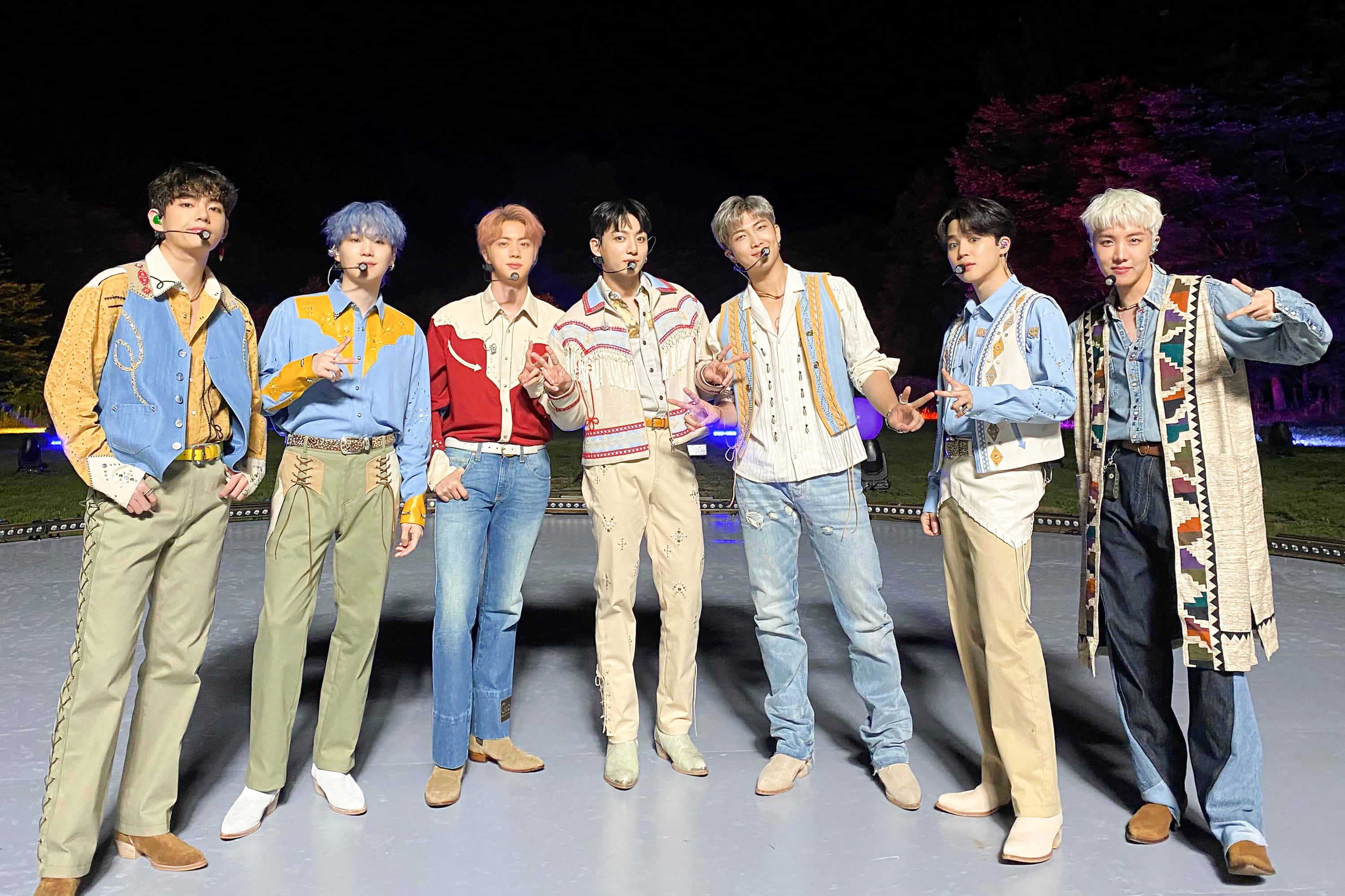 BTS, Permission To Dance, nighttime outdoor stage, 2K Desktop Wallpaper