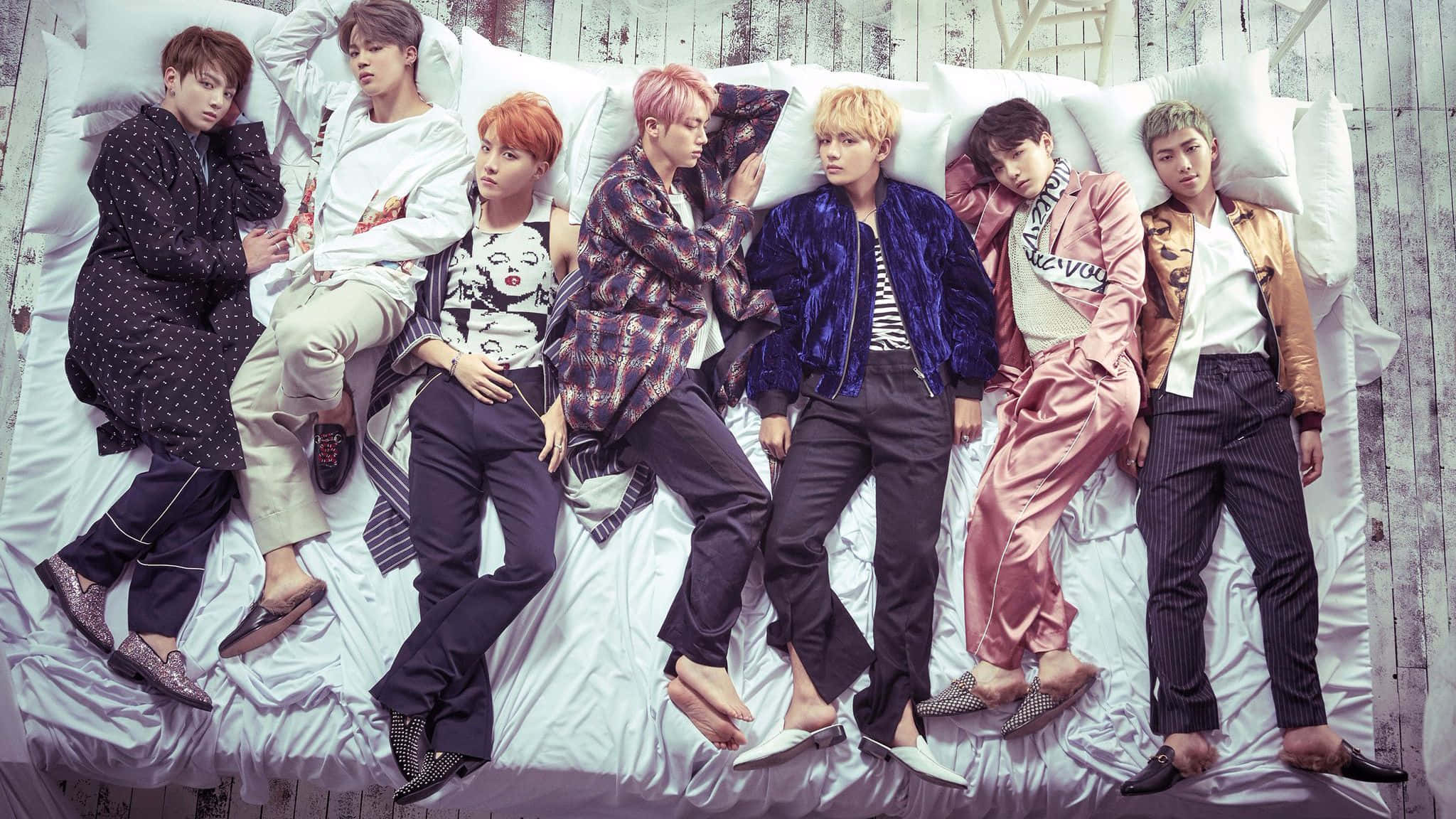 bts, white bed, pillows, Full HD Desktop Wallpaper