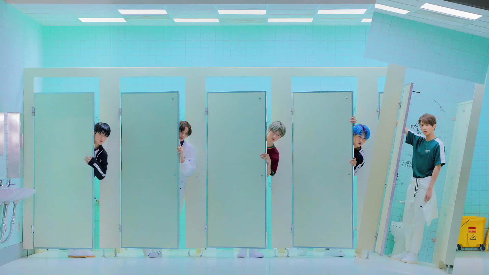BTS, bathroom stall doors, brightly lit, Full HD Desktop Wallpaper
