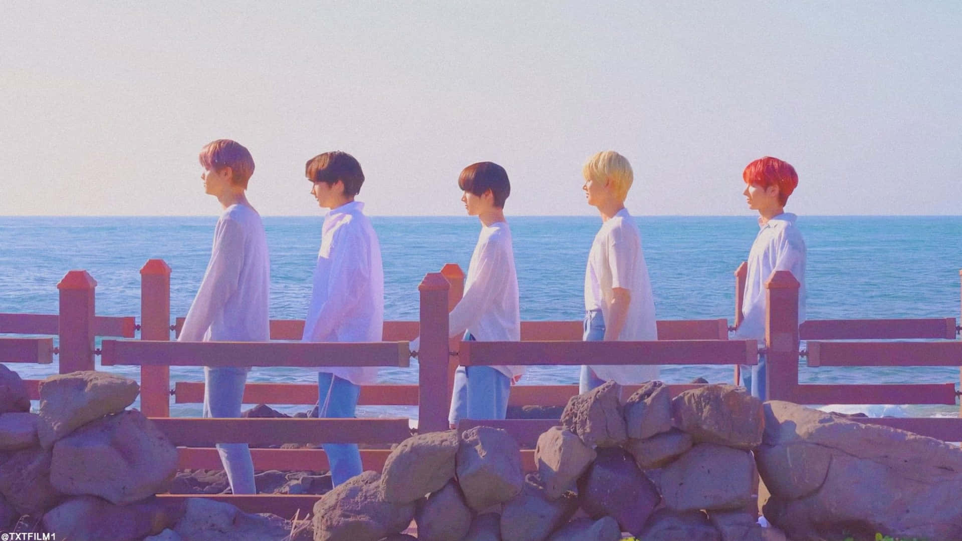 BTS, white shirts, stone pier, Full HD Desktop Wallpaper