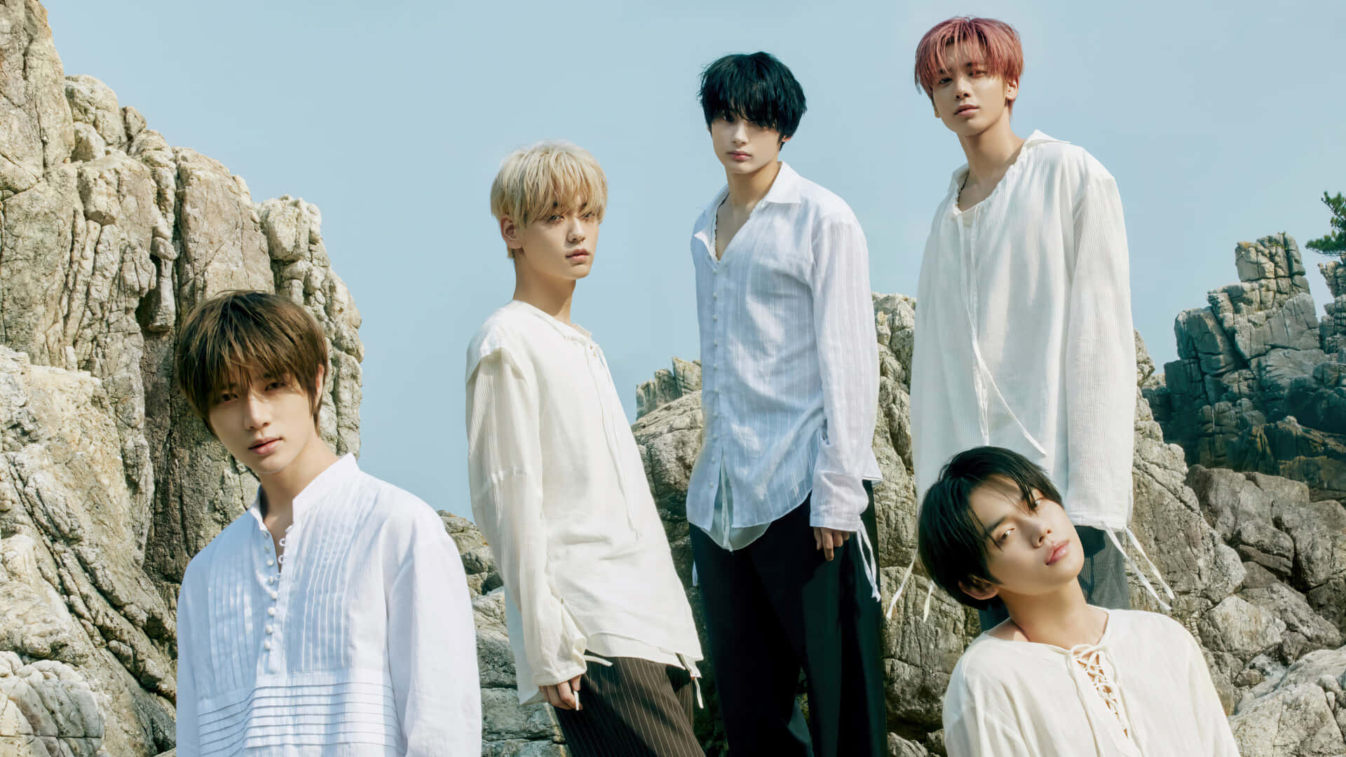 BTS, white shirts, rugged rocky cliffs, Full HD Desktop Wallpaper