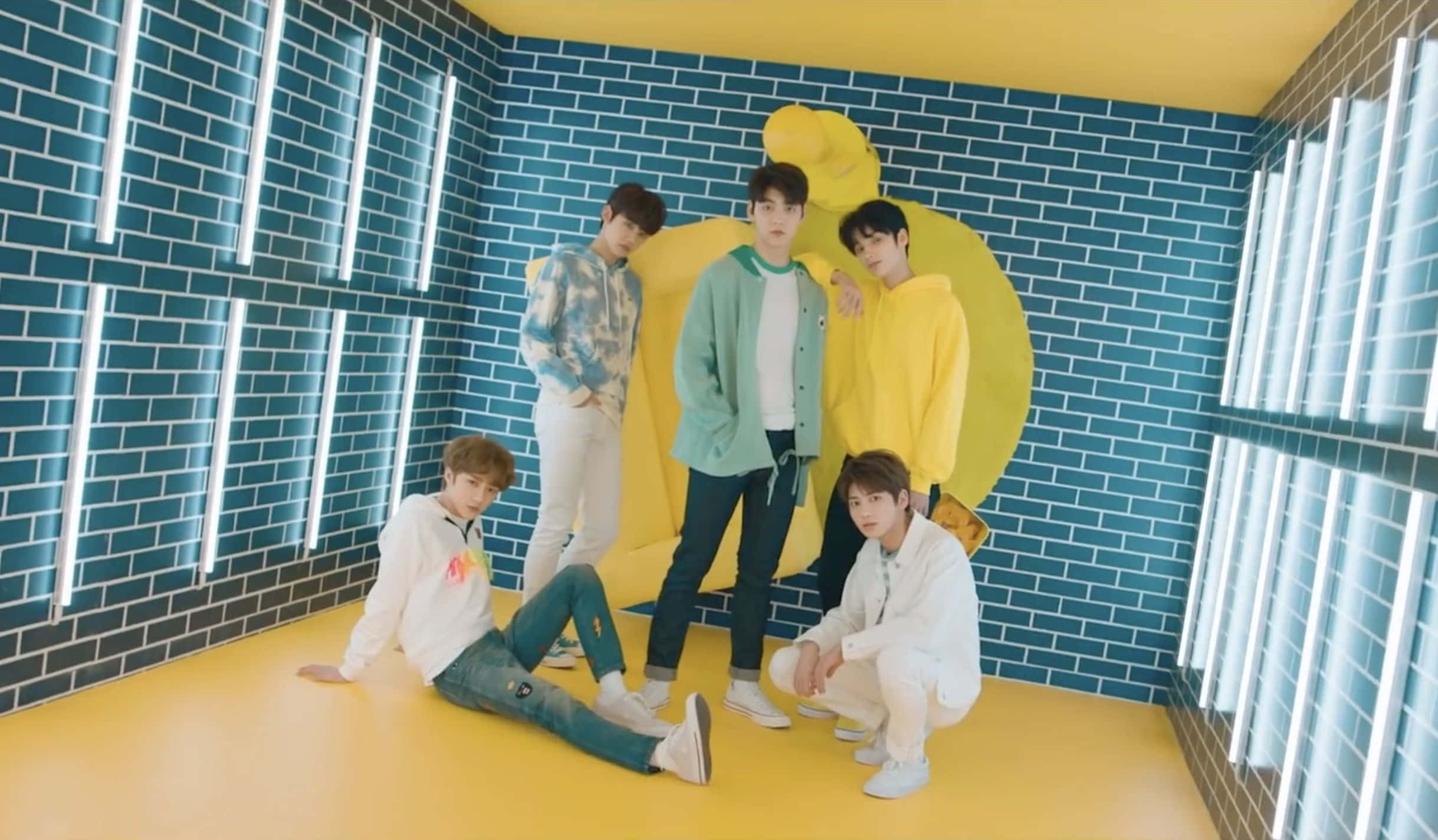 BTS, vibrant yellow and blue brick-walled room, neon lighting, Full HD Desktop Wallpaper