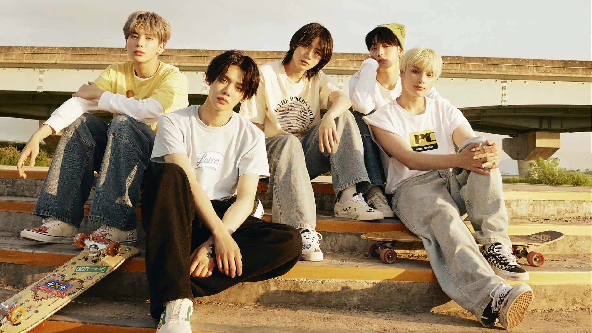 BTS, casual streetwear, concrete steps, Full HD Desktop Wallpaper