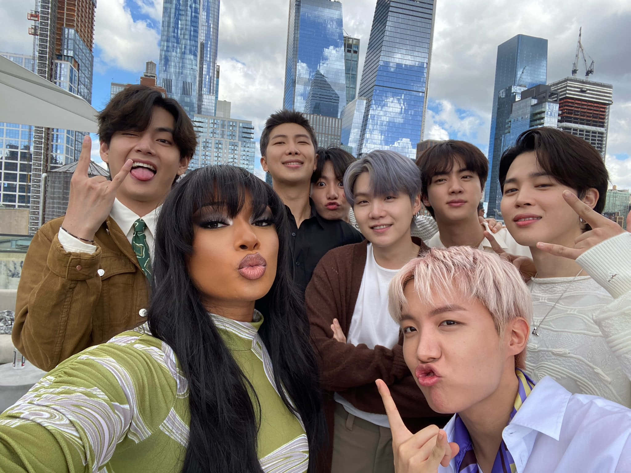 BTS, rooftop, towering glass skyscrapers, Full HD Desktop Wallpaper