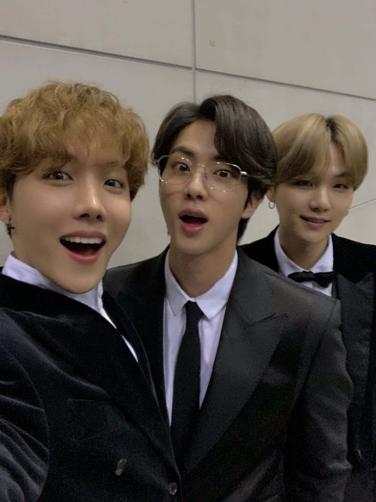 BTS, trio selfie, black suits, HD Phone Wallpaper