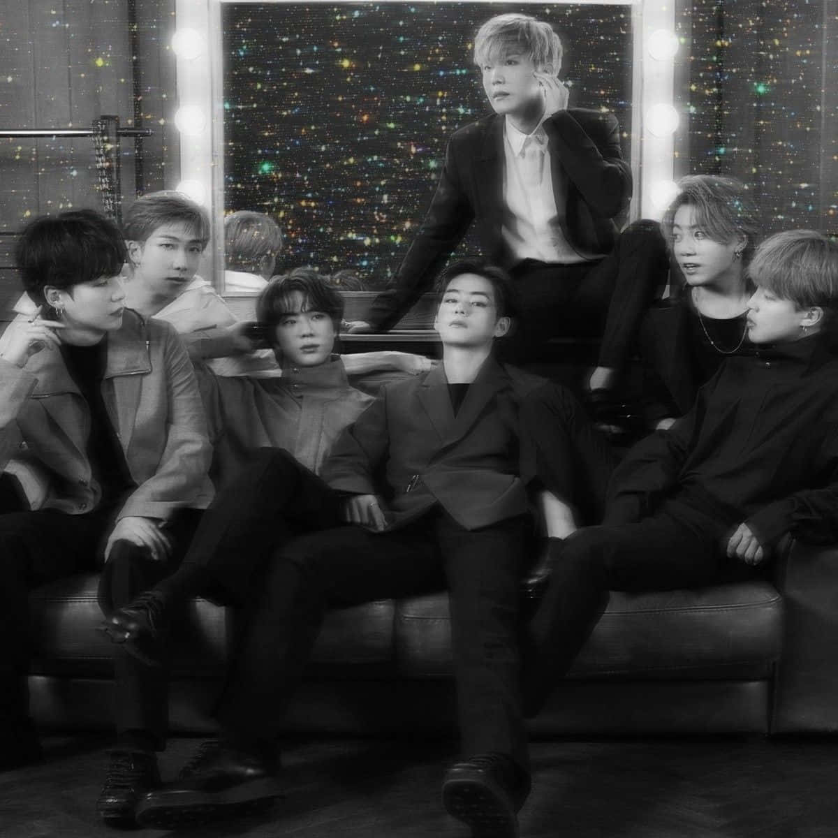 BTS, black and white group photo, leather couch, SD Desktop Wallpaper