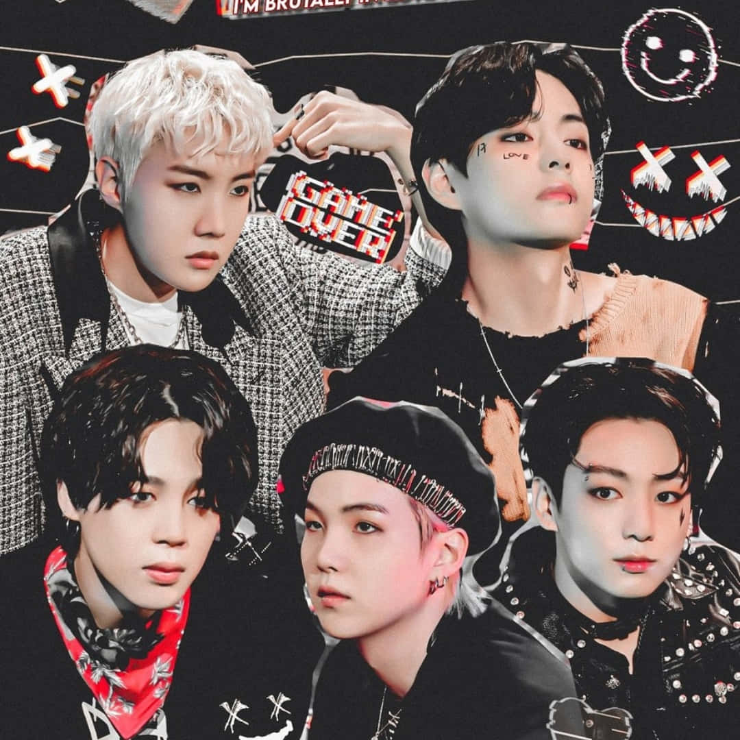BTS, edgy aesthetic collage, glitchy smiley faces, SD Desktop Wallpaper