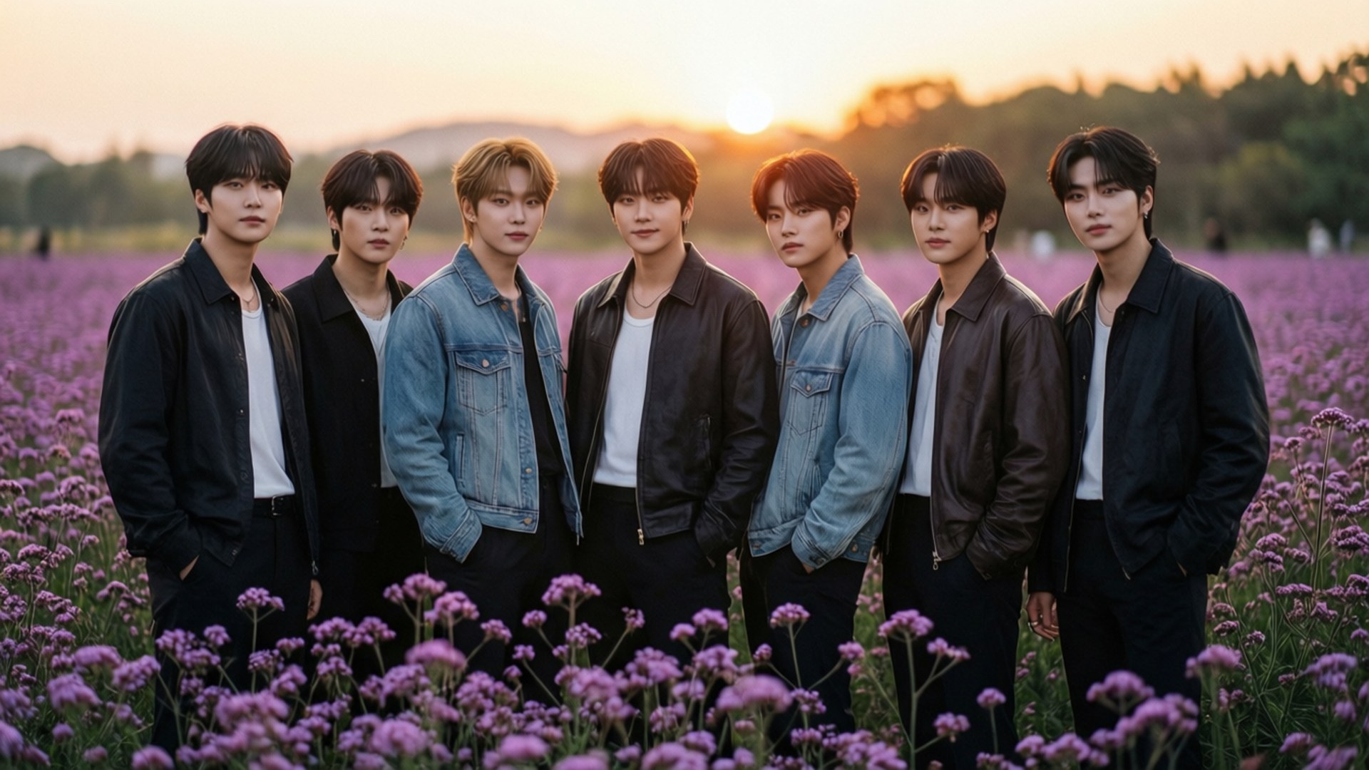 BTS, purple flower field, sunset, Full HD Desktop Wallpaper