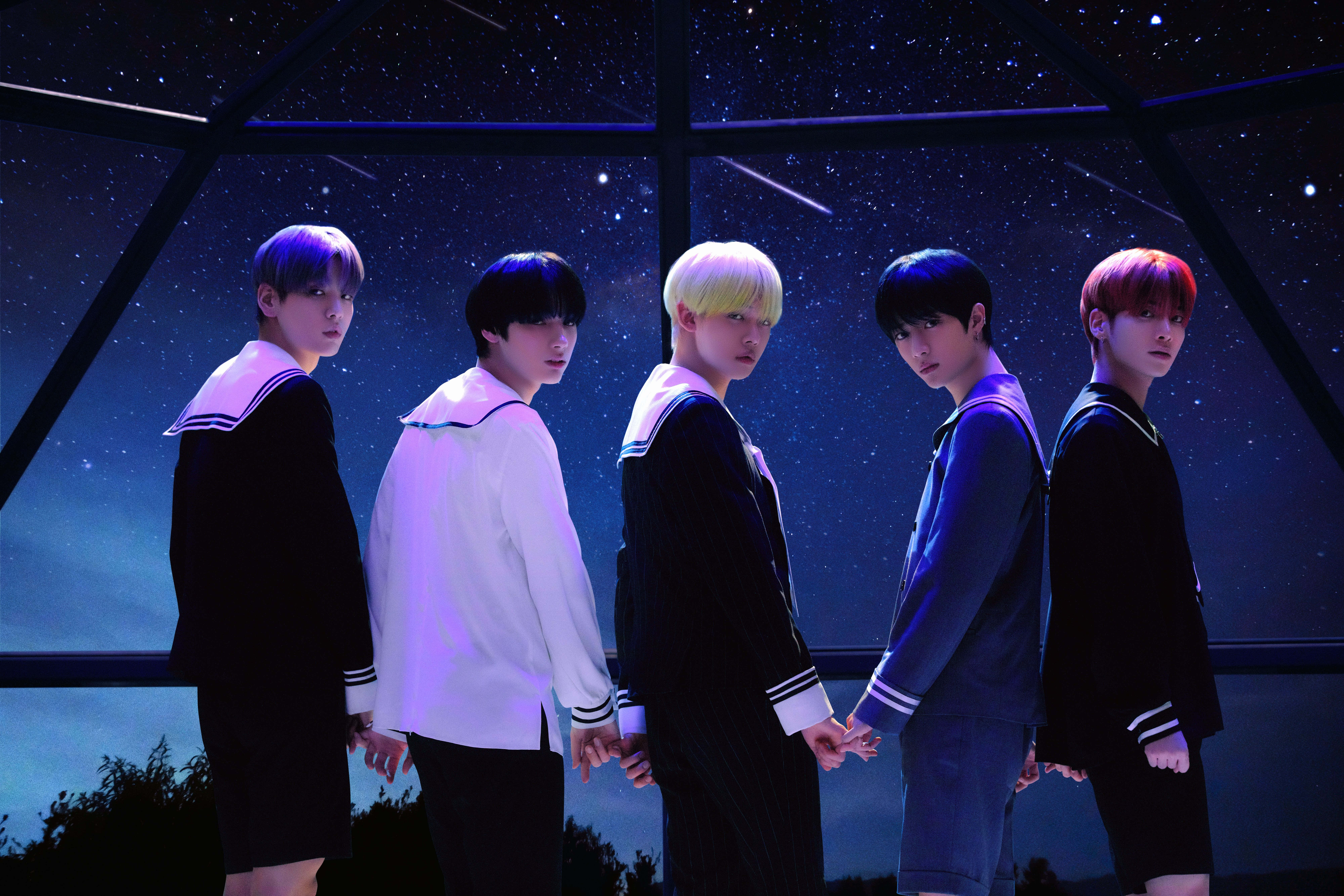 BTS, sailor uniforms, starry night sky, 8K Desktop Wallpaper